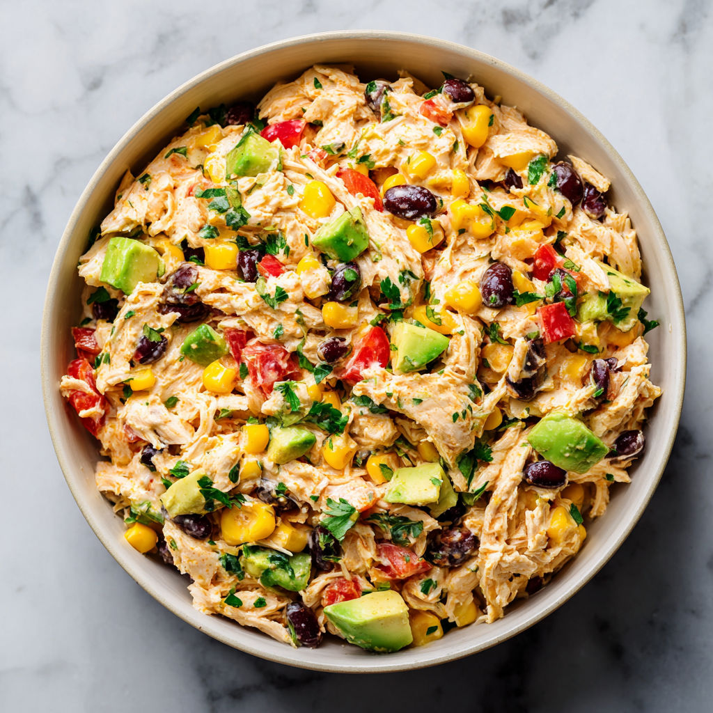 A bowl of chicken salad with avocado, tomatoes, corn, and black beans.
