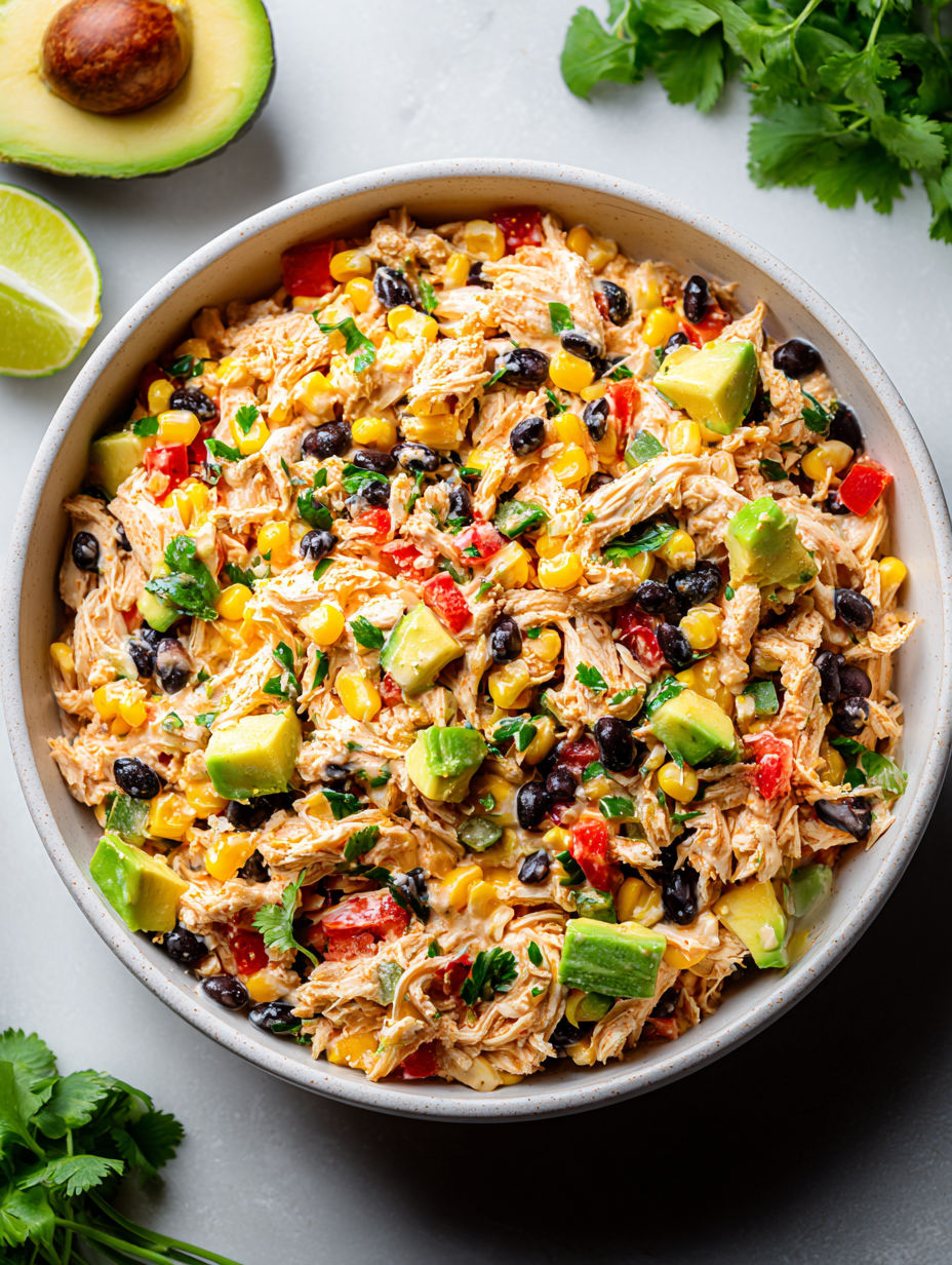 A bowl of food with chicken, corn, black beans, and tomatoes.