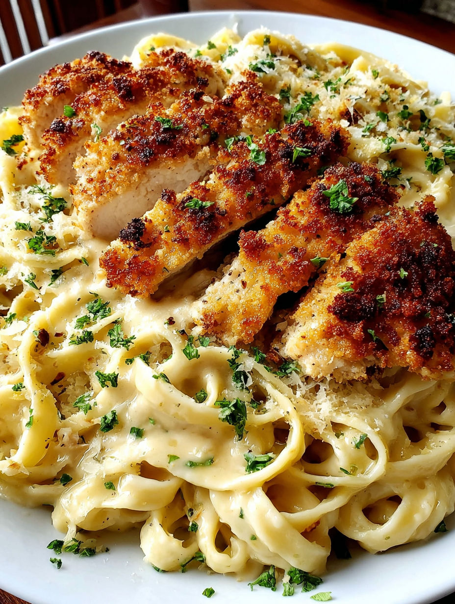 A plate of fettuccine alfredo with chicken.