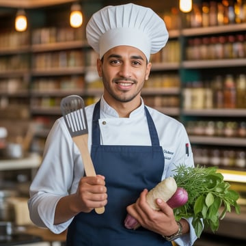 Omar the chef holding a spatula and vegetables.