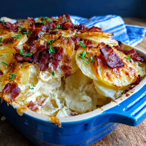 A dish of scalloped potatoes with bacon and cheese.