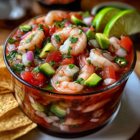 A bowl of shrimp cocktail with limes and avocado.