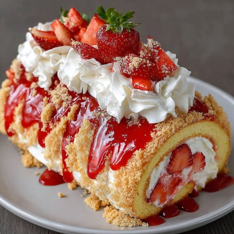 A strawberry shortcake cheesecake roll with whipped cream.