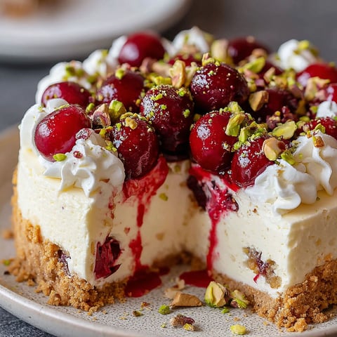 A slice of cake with cherries and pistachios.