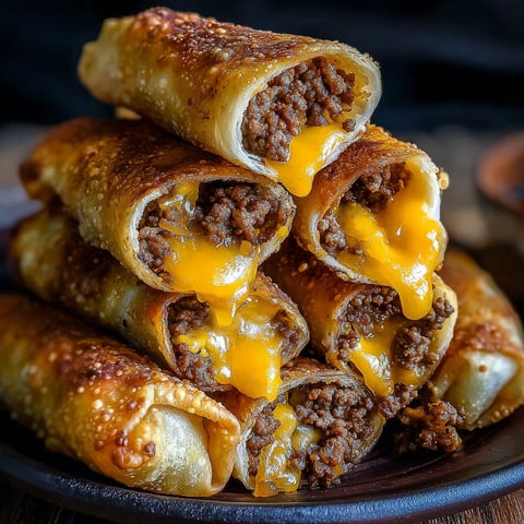 A stack of cheeseburger egg rolls.