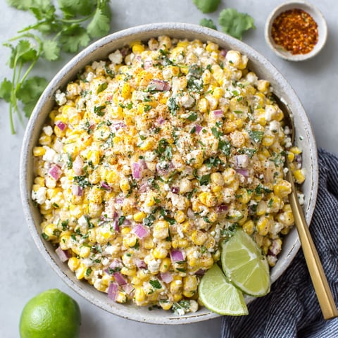 A bowl of Mexican street corn salad.