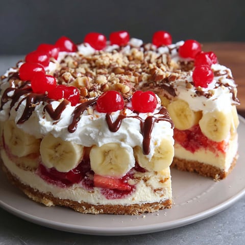 A slice of a layered banana split cake.