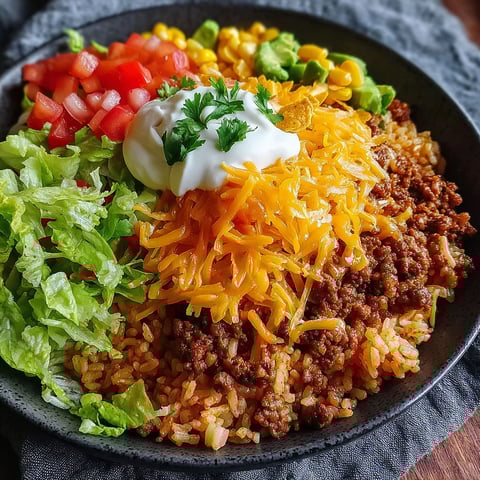 A bowl of rice with chicken, tomatoes, lettuce, and cheese.