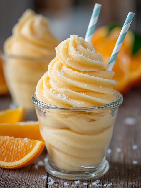 A glass of orange Dole Whip with a straw.