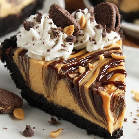 A slice of chocolate peanut butter swirl pie.