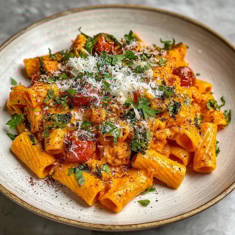 A plate of pasta with tomatoes and cheese.