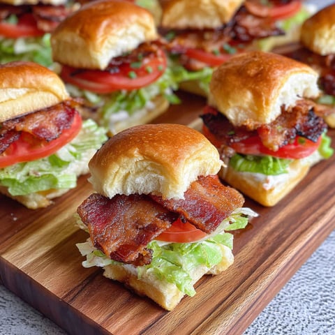 A wooden cutting board with bacon and lettuce sandwiches.