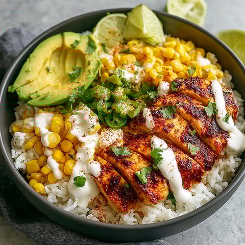 A bowl of food with chicken, rice, corn, and avocado.