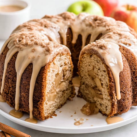 A bundt cake with caramel sauce drizzled over it.