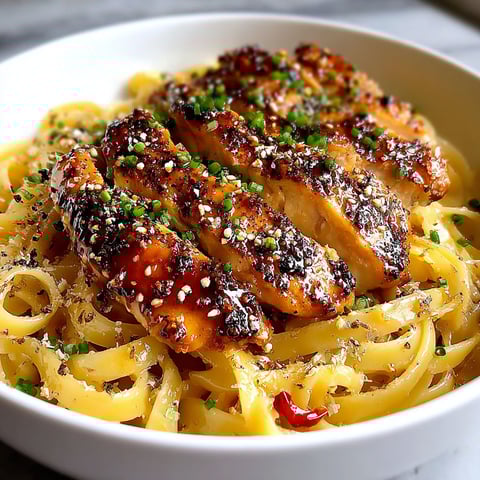 A bowl of pasta with chicken and peppers.