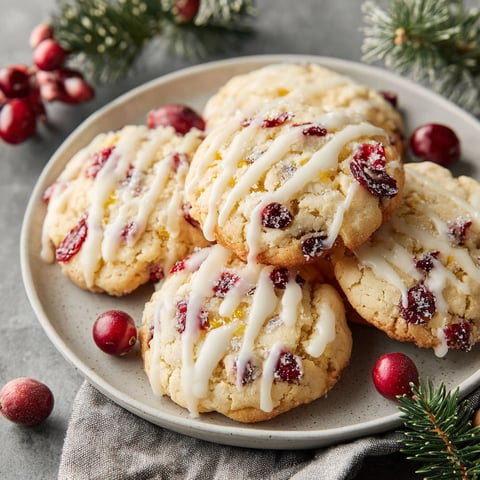 A plate of cookies with white icing and red berries.