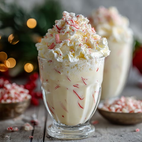 A glass of peppermint ice cream with a candy cane.