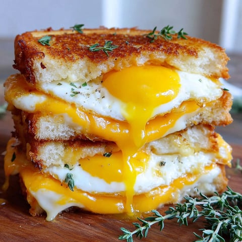 A stack of grilled cheese sandwiches with fried eggs on top.