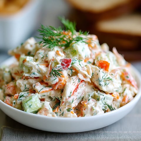 A bowl of crab salad with a green garnish.