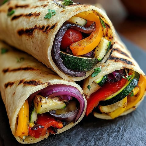A grilled vegetable wrap with a variety of vegetables.