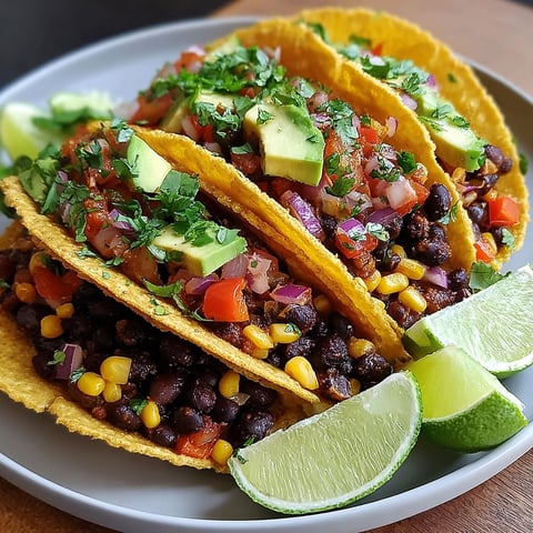 A plate of vegetarian tacos with black beans, corn, and avocado.