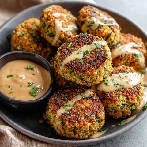 A plate of baked falafel with tahini sauce.