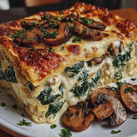A large creamy spinach mushroom lasagna.