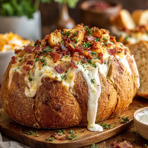 A cheese and bacon cob loaf on a wooden cutting board.