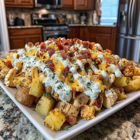 A plate of chicken, turkey bacon, and Ranch loaded potatoes.