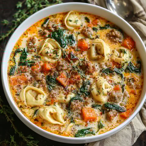 A bowl of creamy sausage tortellini soup.