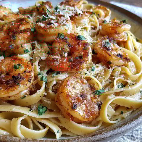 A bowl of pasta with shrimp and cheese.