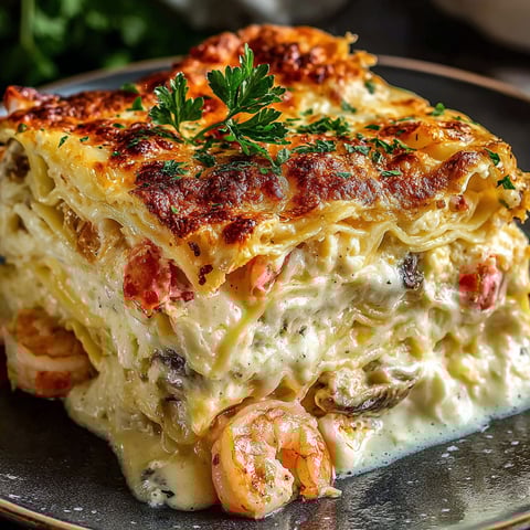 A seafood lasagna with a green herb on top.