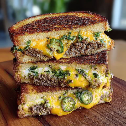 A stack of jalapeño popper patty melt sandwiches.