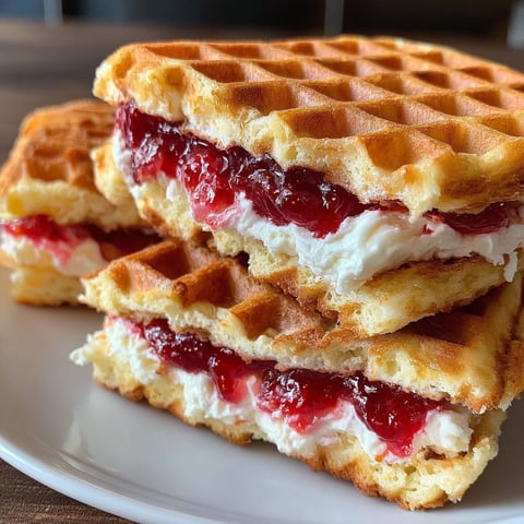 A stack of waffles with strawberry jam.