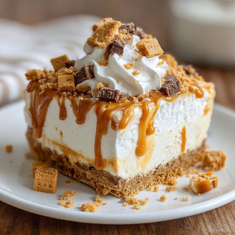 A slice of butterscotch delight with white whipped cream.