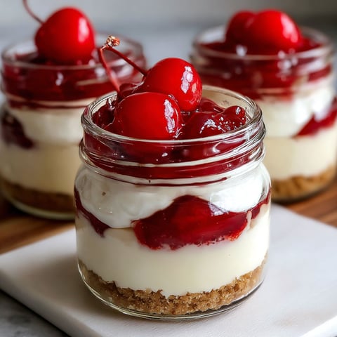 A jar of cherry cheesecake with cherries on top.