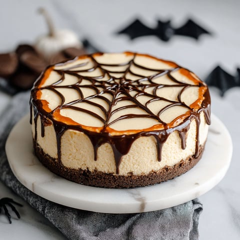 A slice of spiderweb cheesecake on a plate.