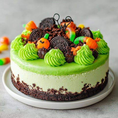 A witch's cauldron cheesecake with chocolate and caramel toppings.