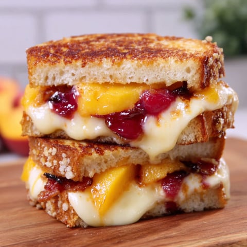 A sandwich with peaches and cheese.