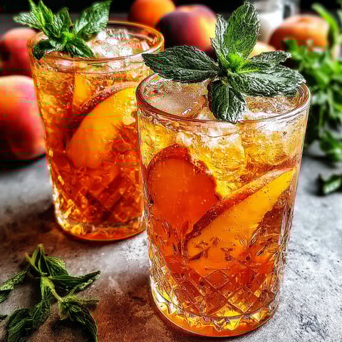 Two glasses of peach iced tea on a table.