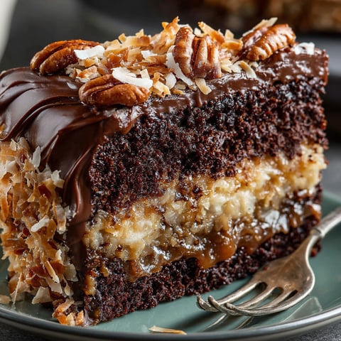 A slice of German Chocolate Cake with coconut and pecans.