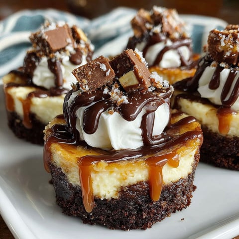 Loaded brownie cheesecake cups with chocolate drizzle.