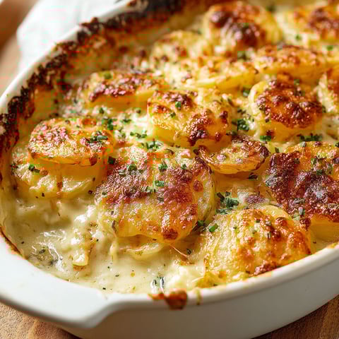 A dish of garlic parmesan scalloped potatoes.