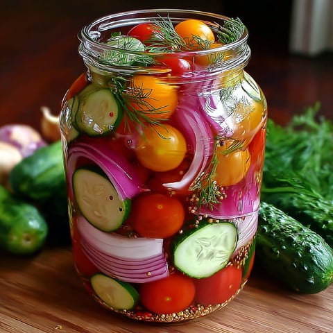 A jar of pickled cherry tomatoes, onions, and cucumbers.