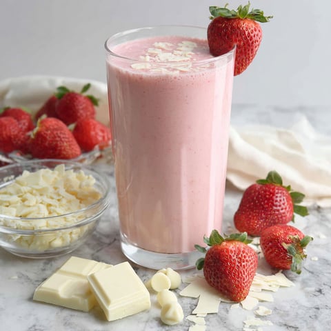 A glass of pink smoothie with white chocolate and strawberries.