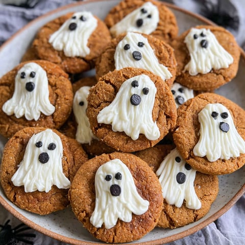 A plate of brown butter pumpkin cookies with white frosting and a ghost design.