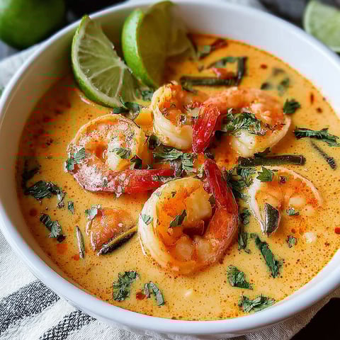 A bowl of shrimp soup with limes and green onions.