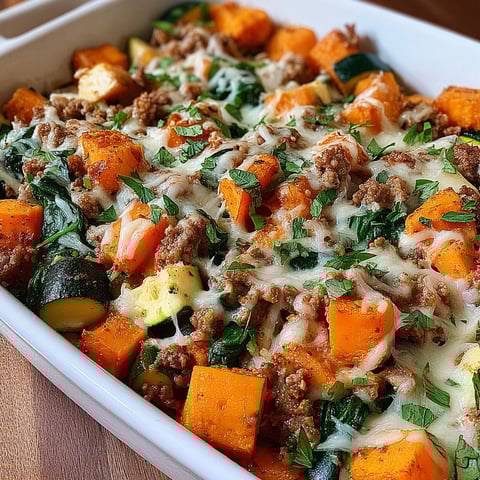 A dish of sweet potato and meat bake.