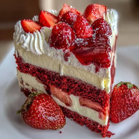 A slice of red velvet strawberry cheesecake on a white plate.
