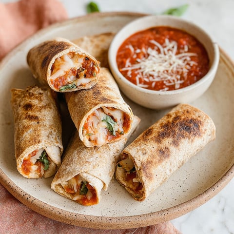 A plate of air fryer tortilla pizza rolls with a bowl of sauce.